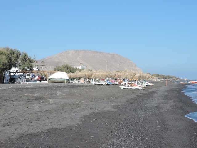 The black sand beach in front of our hotel at Perivolos