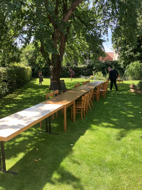 Setting up for the meal in the back yard